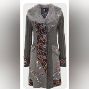 Papillon Medium Boho Grey Embroidered Artsy Faux Fur Collar Statement Jacket